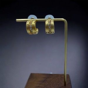 Joan Rivers Huggie Hoop Earrings Ribbed Gold Tone Rhinestones Pierced 3/4" Long